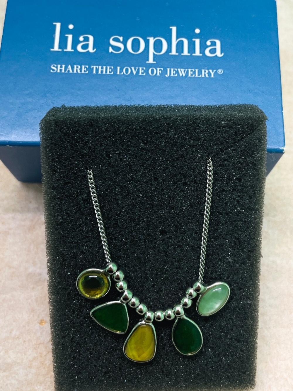 NIB Lia Sophia Green Multi Stone Drop Statement Bib Necklace Silver Tone